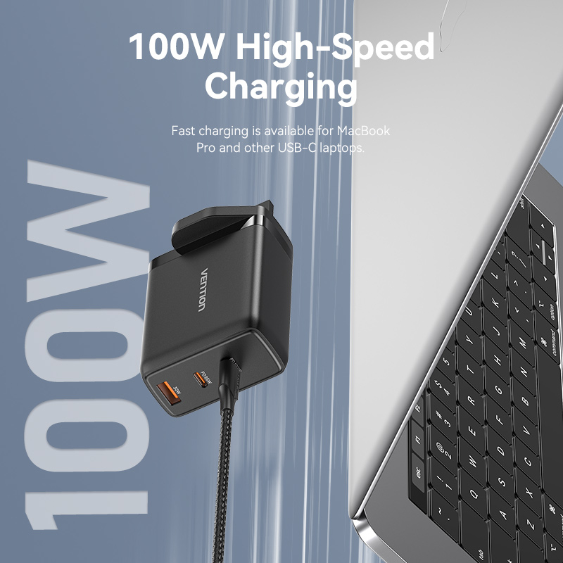 3-Port USB (C+C+A) GaN Charger (100W/65W/30W) UK-Plug Black Model # FELB0-UK