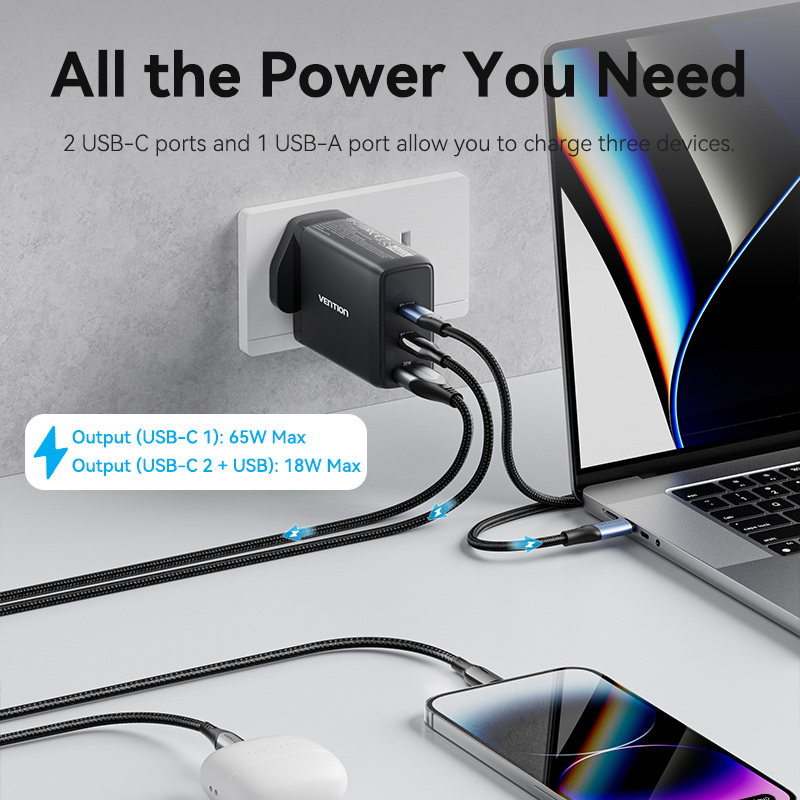 3-Port USB (C+C+A) GaN Charger (100W/65W/30W) UK-Plug Black Model # FELB0-UK