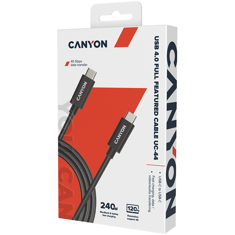 CANYON UC-44, cable, U4-CC-5A1M-E, USB4 TYPE-C to TYPE-C cable assembly 40G 1m 5A 240W(ERP) with E-MARK, CE, ROHS, black - Extra Image 1