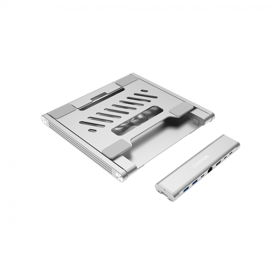 Canyon Laptop stands with hub, TYPE C F to HDMI2.0+2USB3.0+USBC3.0+RJ45+PD, TYEP C TO C cable 1m white with Emarker: HUSB332A, Material: Aluminum case+ABS+PS, Size: 245x240x27.2+/-0.3mm, Weight:1304g - Extra Image 3
