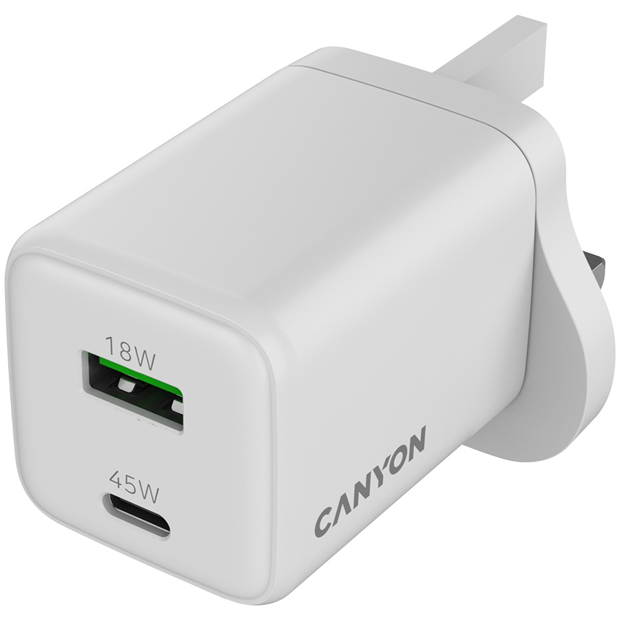 CANYON charger CU45AC GaN 45W 1xPD 1xQC UK White - Extra Image 1