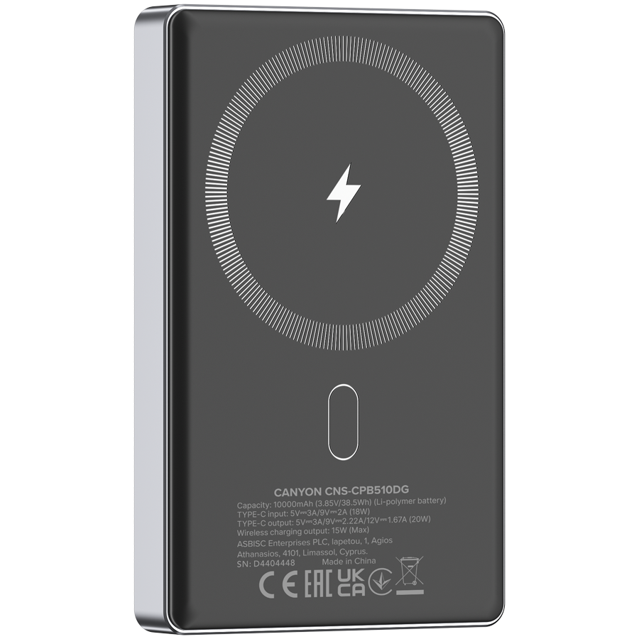 CANYON power bank OnPower 510 slim Magnetic 10000 mAh PD20W Dark Grey - Extra Image 1