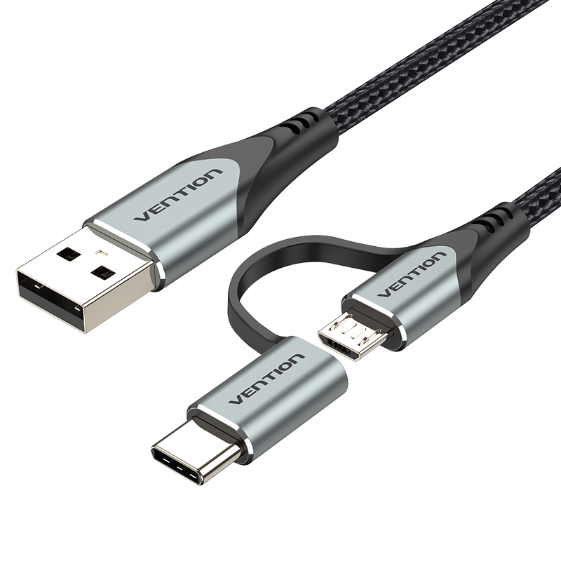 [CQEHF] VENTION USB 2.0 A Male to 2-in-1 Micro-B&USB-C Male Cable 1M Gray Aluminum Alloy Type Model # CQEHF