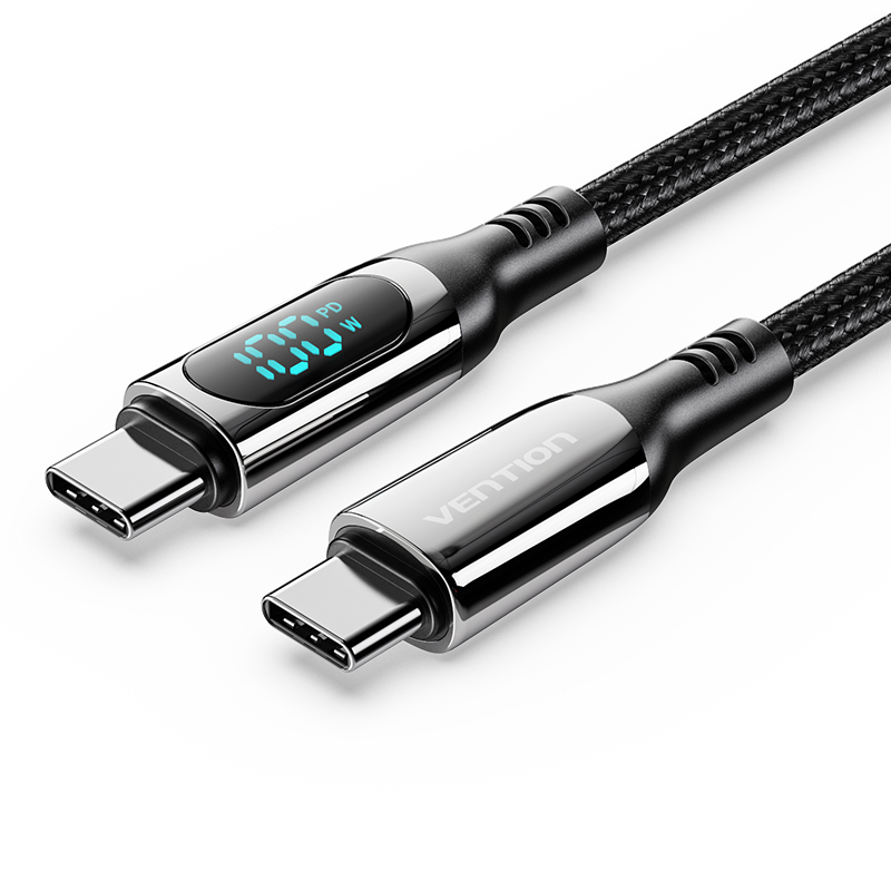 [TAYBH] VENTION Cotton Braided USB 2.0 C Male to C Male 5A Cable With LED Display 2M Black Zinc Alloy Type Model # TAYBH