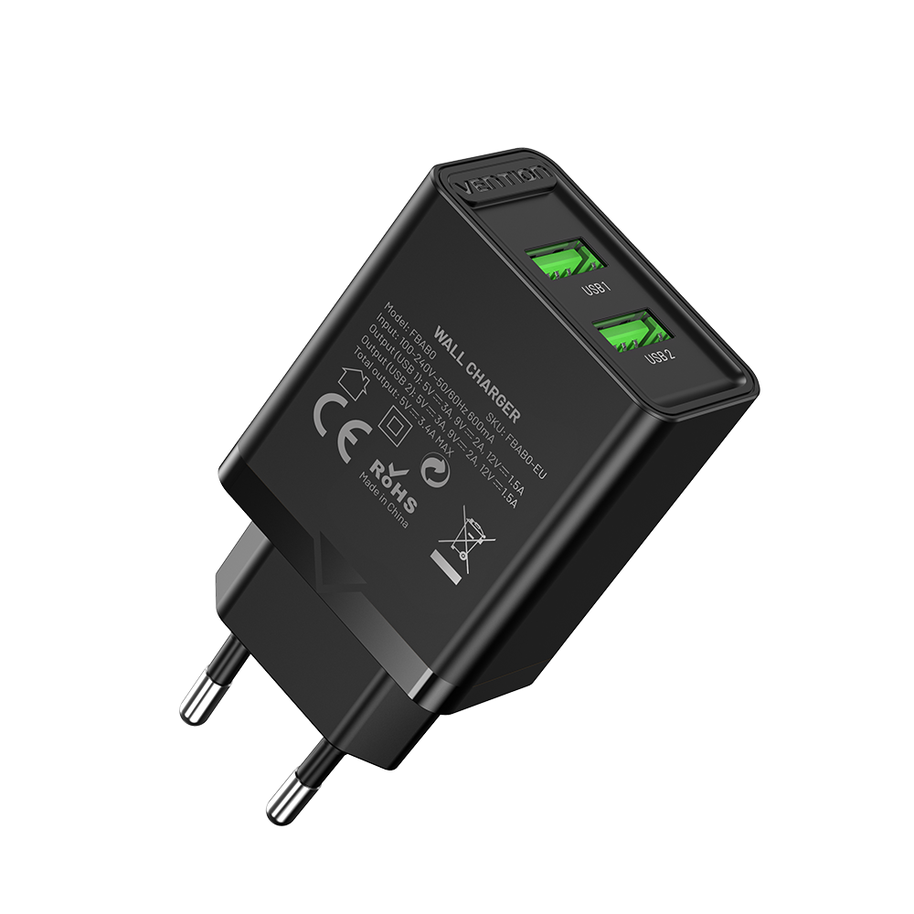 VENTION Two-Port  USB(A+A) Wall Charger (18W/18W) EU-Plug Black Model # FBAB0-EU