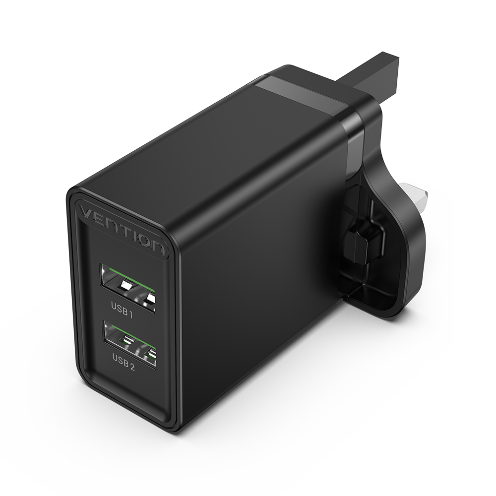 VENTION Two-Port  USB(A+A) Wall Charger (18W/18W) UK-Plug Black Model # FBAB0-UK