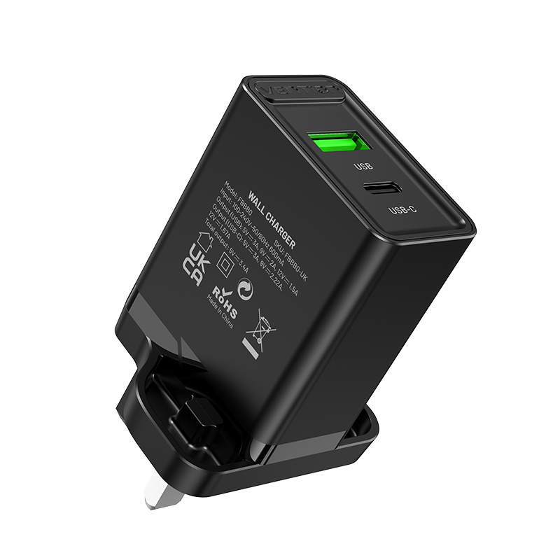 [FBBB0-UK] VENTION Two-Port  USB(A+C) Wall Charger (18W/20W) UK-Plug Black Model # FBBB0-UK