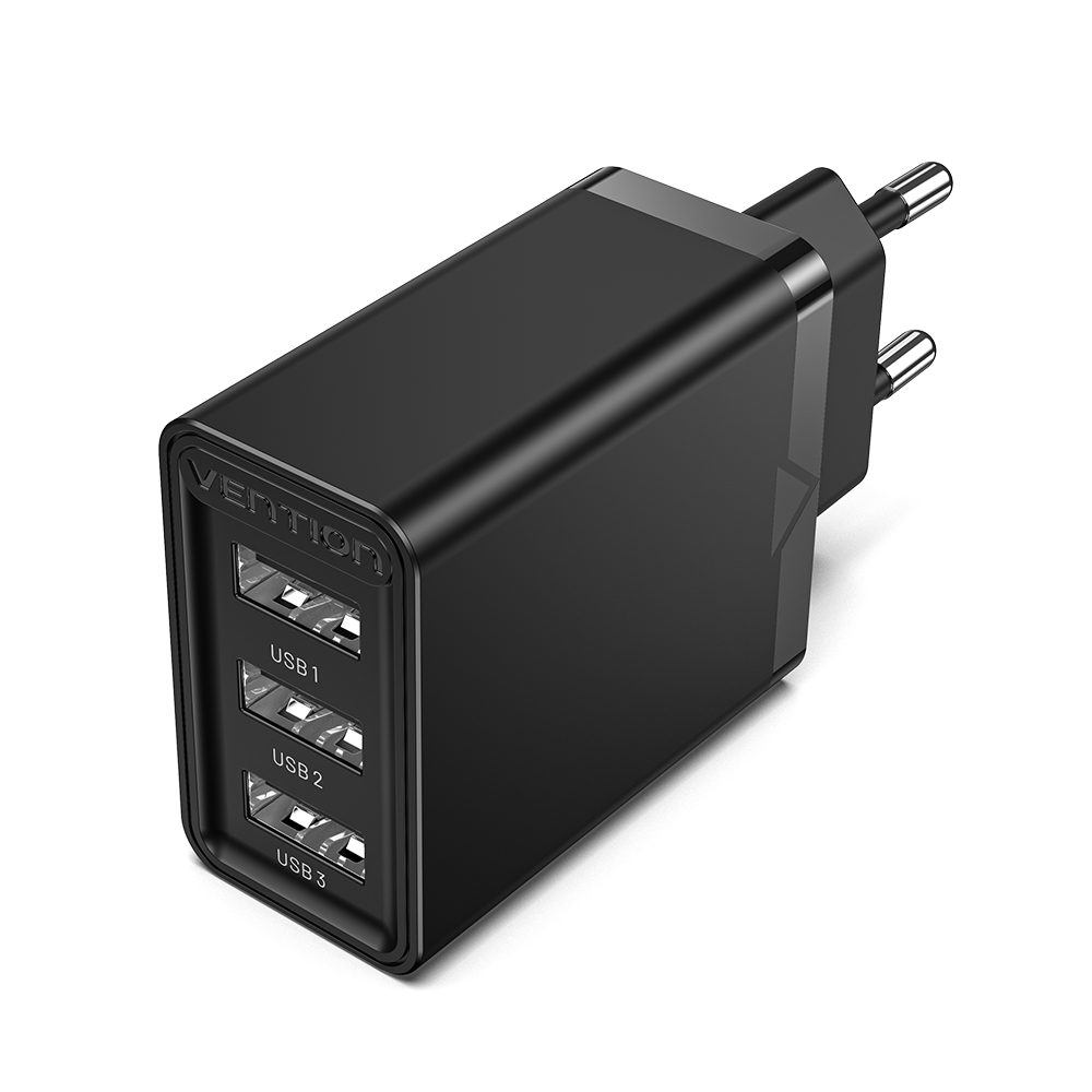 VENTION 3-port USB(A+A+A) Wall Charger(12W/12W/12W) EU-Plug Black Model # FEAB0-EU