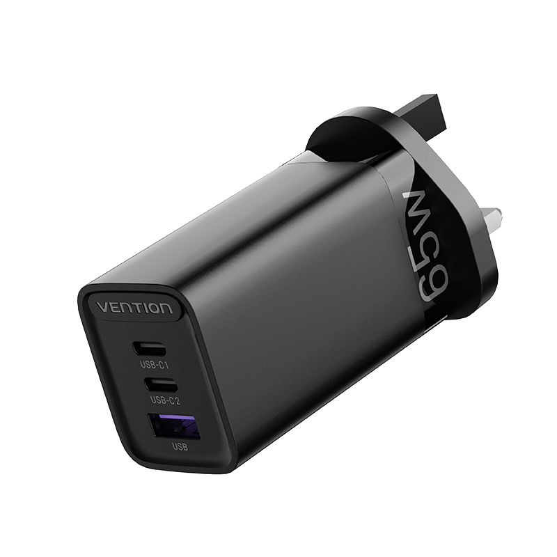 [FEDB0-UK] VENTION 3-port USB(C+C+A) GaN Charger(65W/30W/30W) UK-Plug Black Model # FEDB0-UK