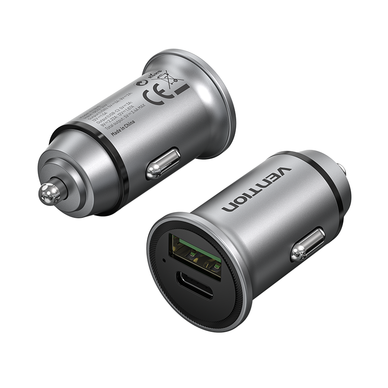 VENTION Two-Port USB A+C(18/20) Car Charger Gray Mini Style Aluminium Alloy Type Model # FFBH0