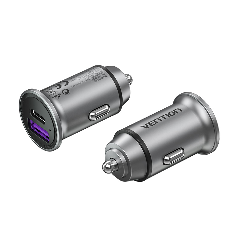 [FFFH0] VENTION Two-Port USB A+C(30+30) Car Charger Gray Mini Style Aluminium Alloy Type Model # FFFH0