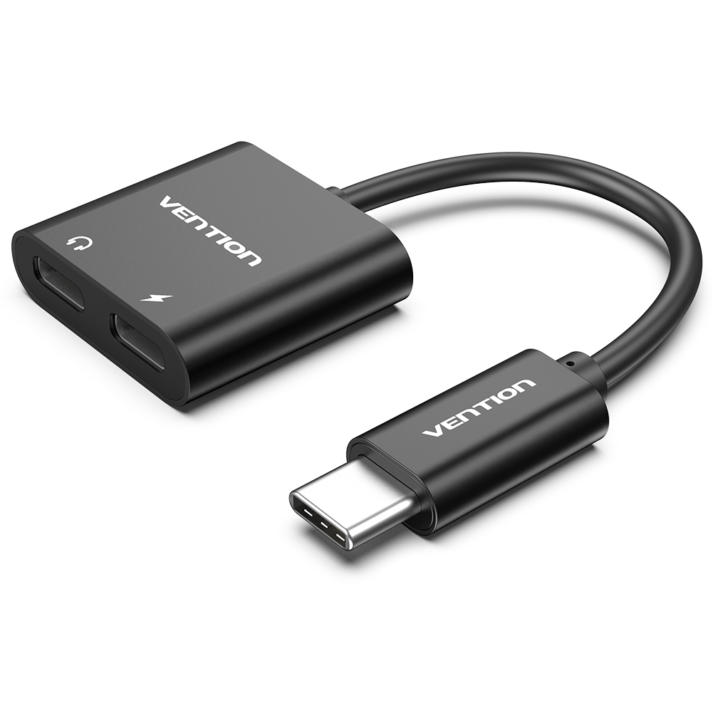VENTION Type-C to Dual Type-C Audio Adapter with Power Supply 0.1M Black Metal Type Model # CFMBA