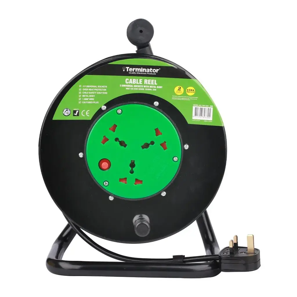 [TER 3UM-25M] Terminator 3 Way Universal Power Extension Reel Metal Spool Over Heat Protector 25M Cable 3x1.5MM2 With 13A Fused Plug