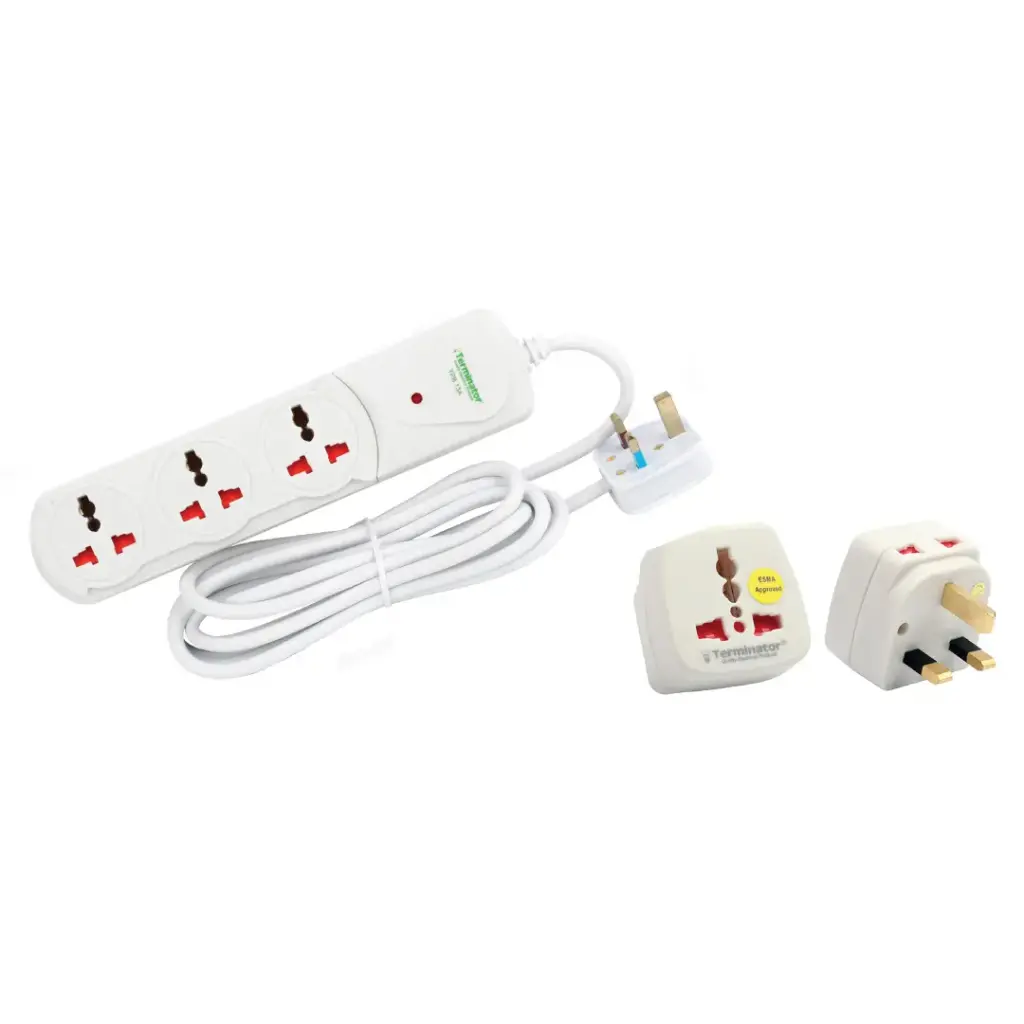 [TPB 13A-2M+TL 51E] Terminator 3 Way Universal Power Extension Socket With Single Indicator 1.00mm2 Cable 2M 13A Fused Plug + Universal Travel Adaptor