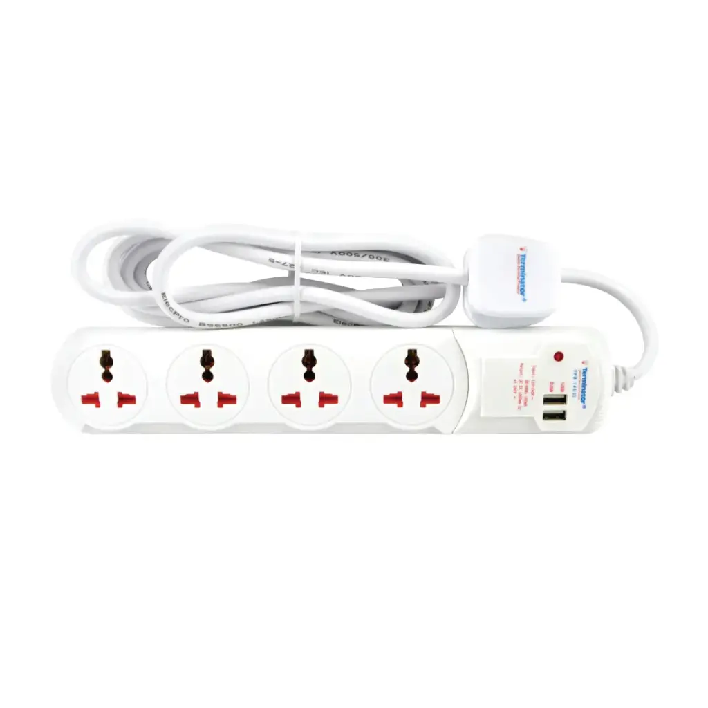 [TPB 14U2I-3M] Terminator 4 Way Universal Power Extension Socket 2 USB Socket 13A