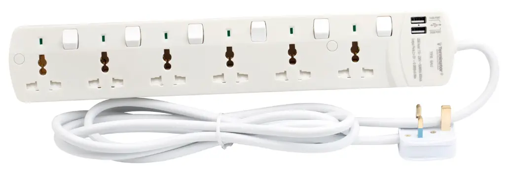 [TPB 16SIA-3M] Terminator 6 Way Universal Power Extension Socket 1.25mm2 Cable Single Switch On/Off Single LED 3M Cable 13A