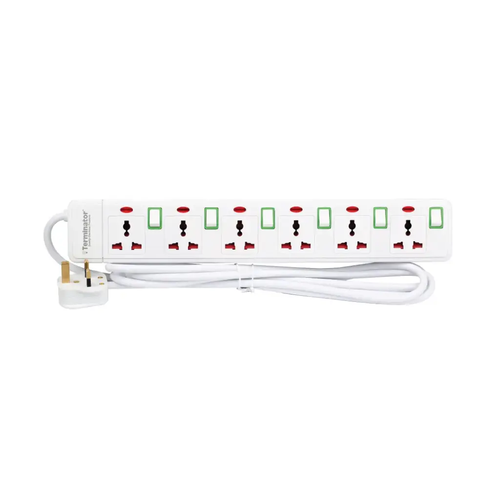 Terminator 6 Way Universal Power Extension Socket With Green Border Switches & Indicators 5M 13A
