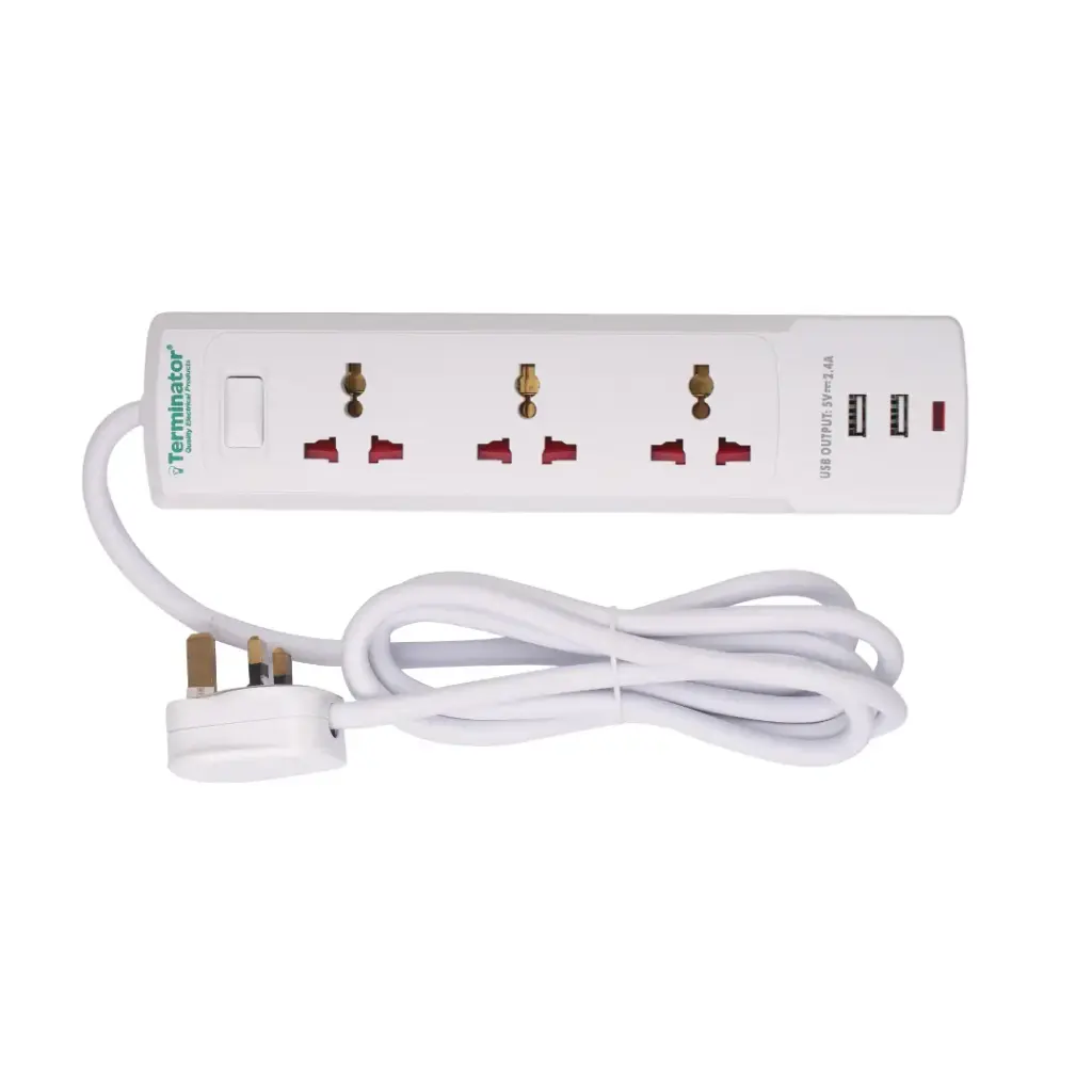 [TPB 523-2USB] Terminator 3 Way Universal Power Extension Socket With 2USB 2.4A, Master Switch, Indicator and 2M Cable