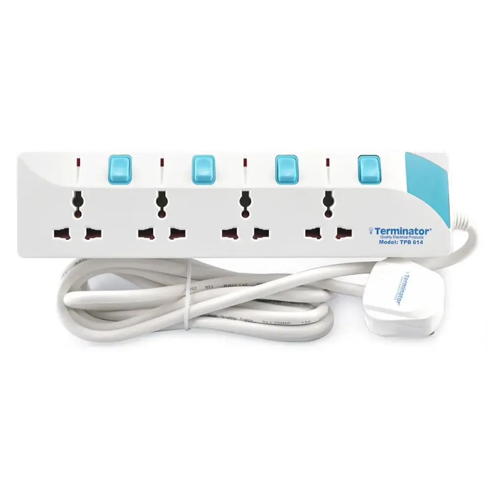 [TPB 614-3M] Terminator 4 Way Universal Power Extension Socket With Individual Switches & Indicators, Circuit Breaker, 3M Cable 13A Fused Plug