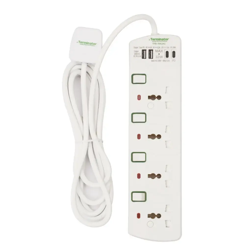 Terminator 4 Way Universal Power Extension Socket With Individual Switches, Indicators and 4 USB (2 USB-A & 2 USB-C,  USB Output Max DC 5V 4600mA) 3M Cable 13A