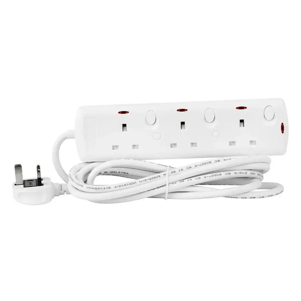 [TPB 783-3M] Terminator 3 Way UK Power Extension Socket, Individual Switches, Indicators, 1.25mm² Cable 3M & 13A Fused Plug