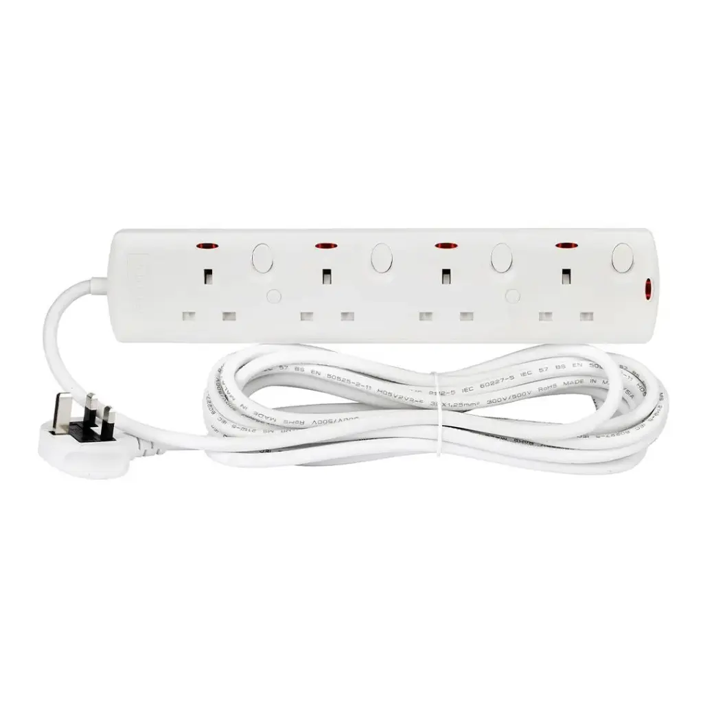 [TPB 784-5M] Terminator 4 Way UK Power Extension Socket, Individual Switches, Indicators, 1.25mm² Cable 5M & 13A Fused Plug