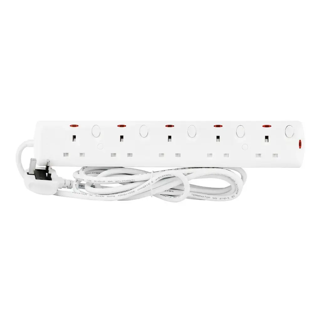 [TPB 785-3M] Terminator 5 Way UK Power Extension Socket, Individual Switches, Indicators, 1.25mm² Cable 3M & 13A Fused Plug