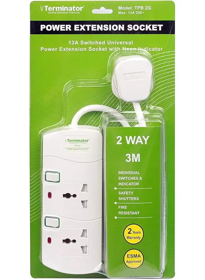 [TPB 812-2RP] Terminator 2 Way Universal Power Extension Socket 2RP 3M Cable