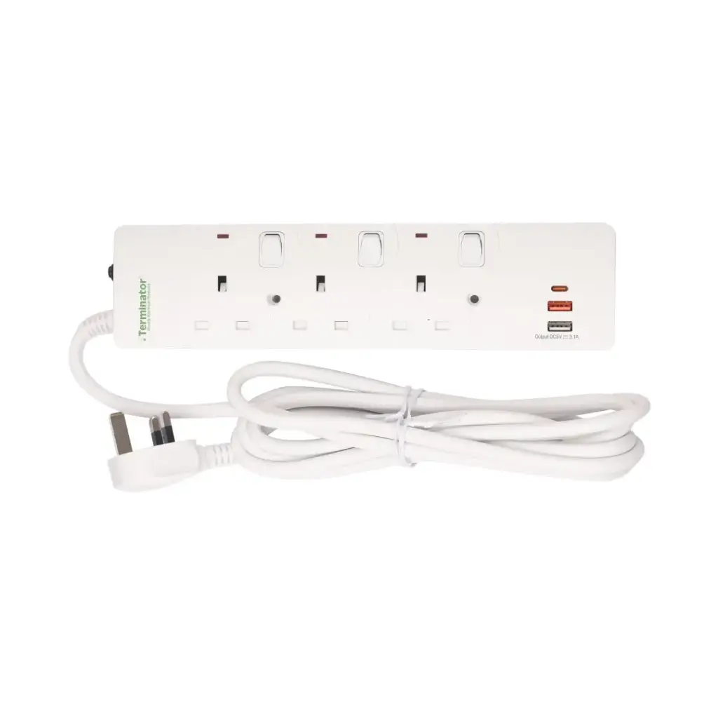 Terminator 3 Way UK Power Extension Socket With 3USB 3.1Amp (A & C Type), Overload Protection, Individual Switches,  Indicators, 1.25mm² Cable 3M & 13A Fused Moulded Plug