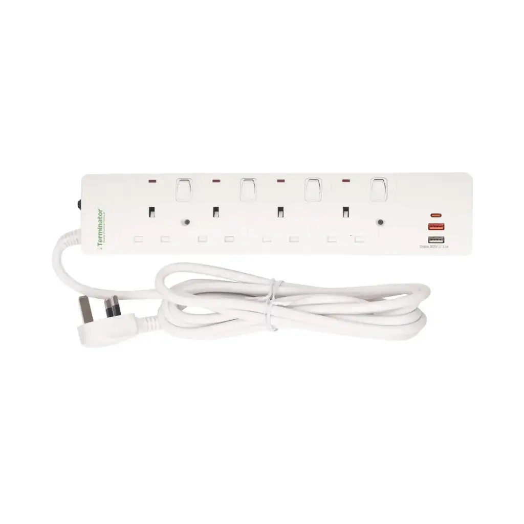 Terminator 4 Way UK Power Extension Socket With 3USB 3.1Amp (A & C Type), Overload Protection, Individual Switches, Indicators, 1.25mm² Cable 3M & 13A Fused Moulded Plug
