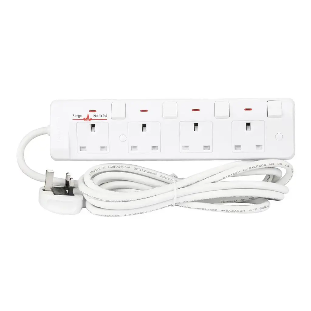 [TPB 884-3M] Terminator 4 Way UK Power Extension Socket, Surge Protection, Double Pole Switches, 1.50mm² Cable 3M 13A Plug