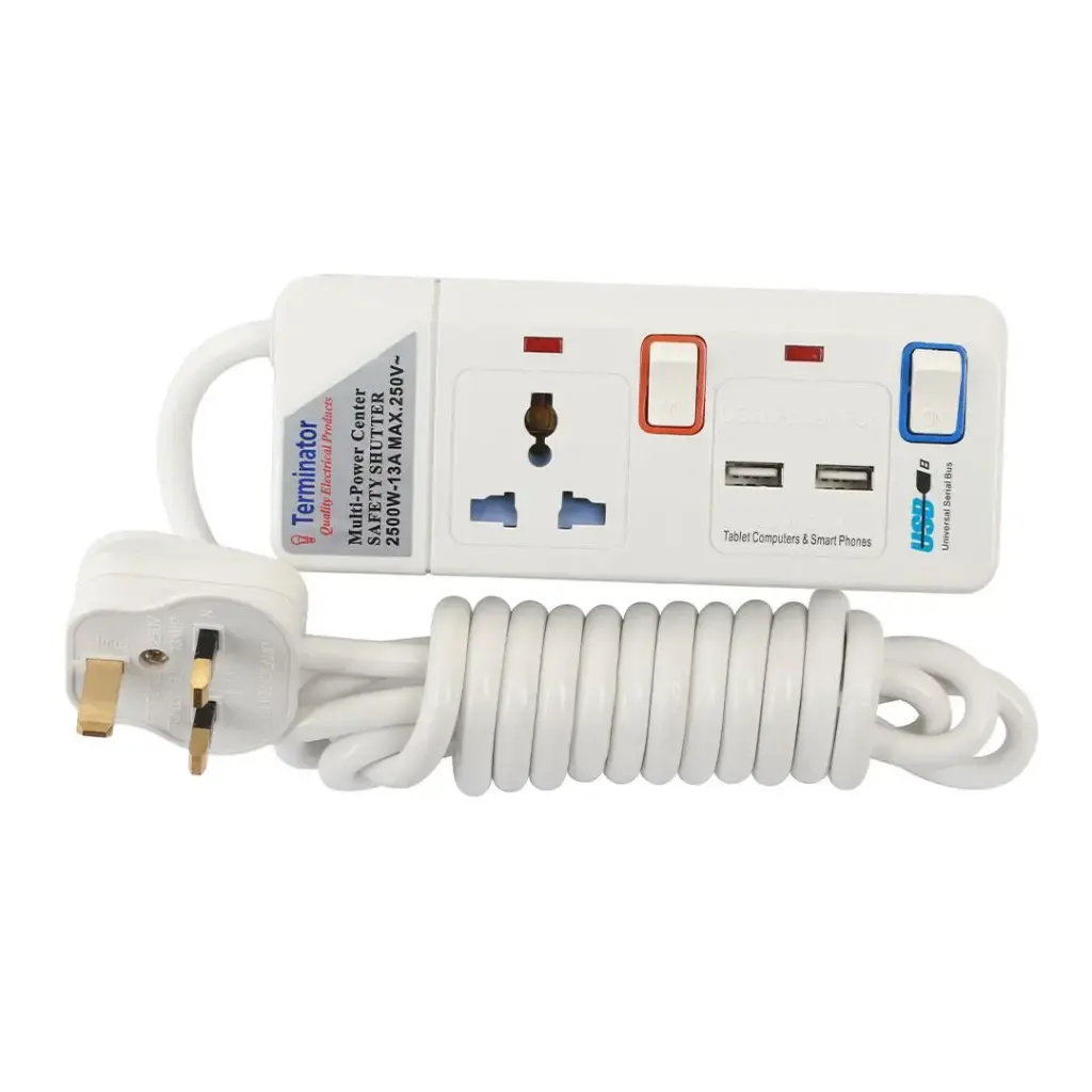 [TPB 911 2USB-5M] Terminator 1 Way Power Extension Socket With 2 USB 2.1A  5M Cable 13A Plug