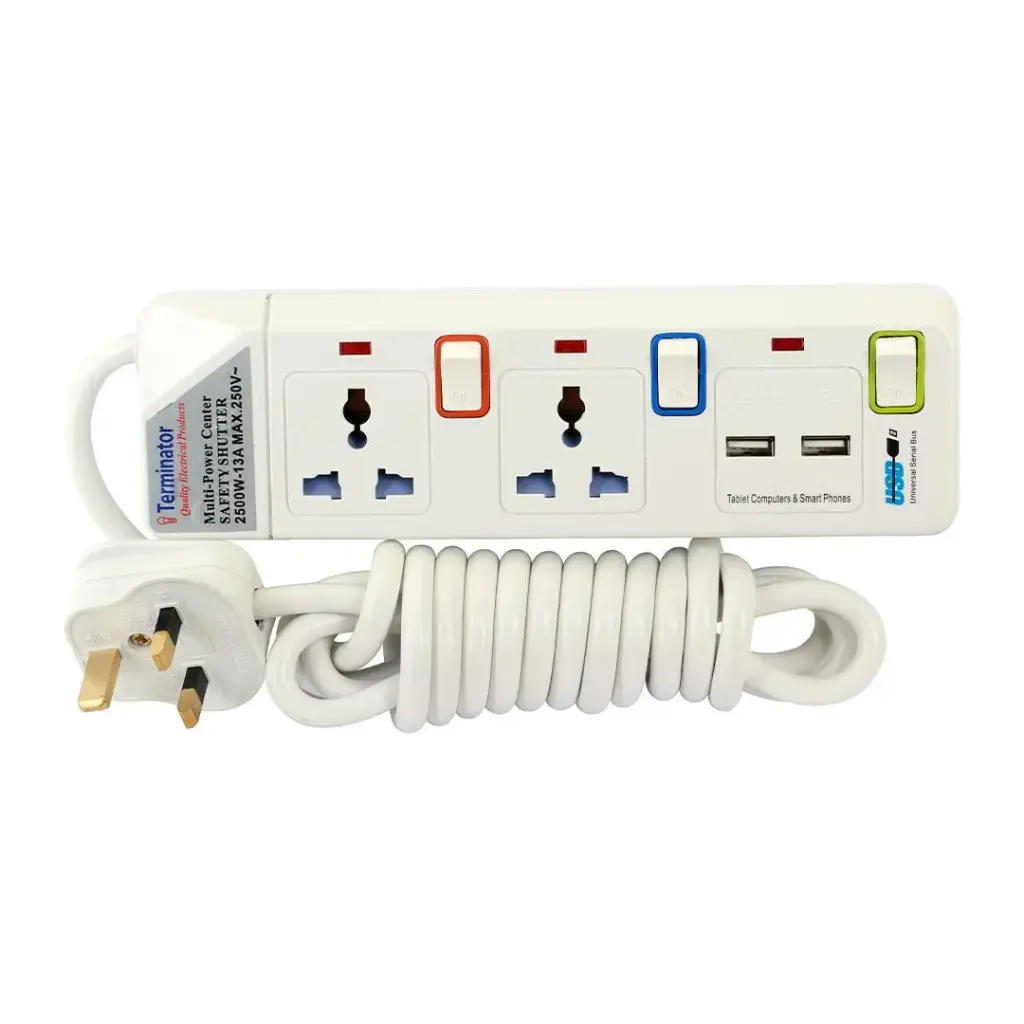 [TPB 912 2USB-5M] Terminator 2 Way Power Extension Socket With 2 USB 2.1A  5M Cable 13A Plug