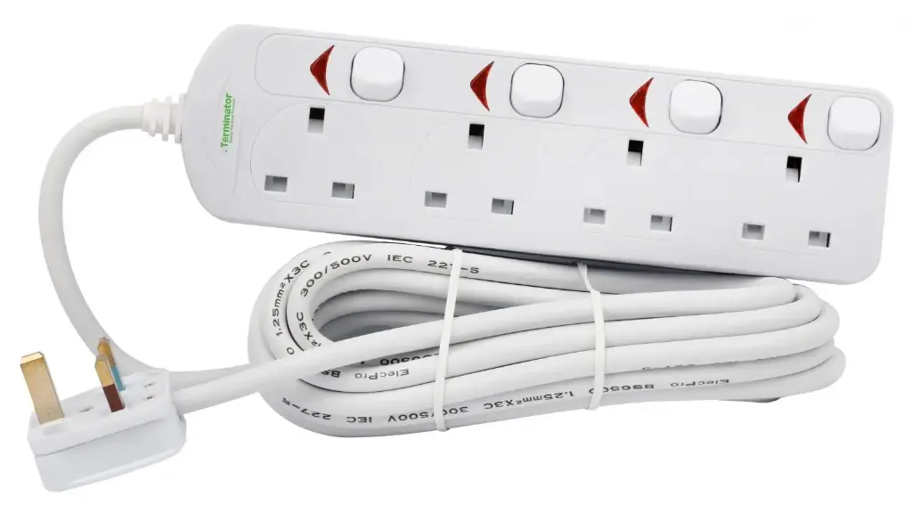 [TPB-834UK-10M] Terminator 4 Way UK Power Extension Socket With Individual Switches 10M 1.25mm2 Cable 13A Plug