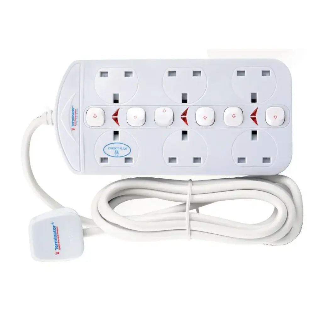 [TPB-836DUK] Terminator 6 Way Double Side UK Power Extension Socket With Individual Switches 3M 1.25mm2 Cable 13A Plug