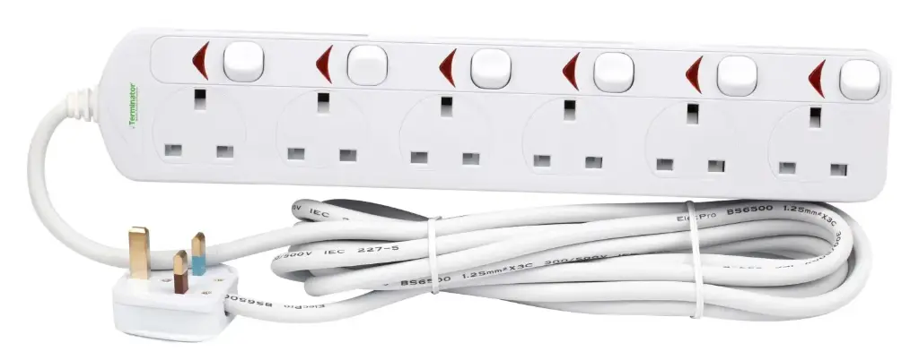 [TPB-836UK-5M] Terminator 6 Way UK Power Extension Socket With Individual Switches 5M 1.25mm2 Cable 13A Plug