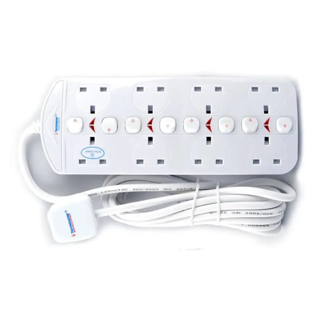 [TPB-838HUK-5M] Terminator 8 Way Double Side UK Power Extension Socket With Individual Switches 5M 1.25mm2 Cable 13A Plug