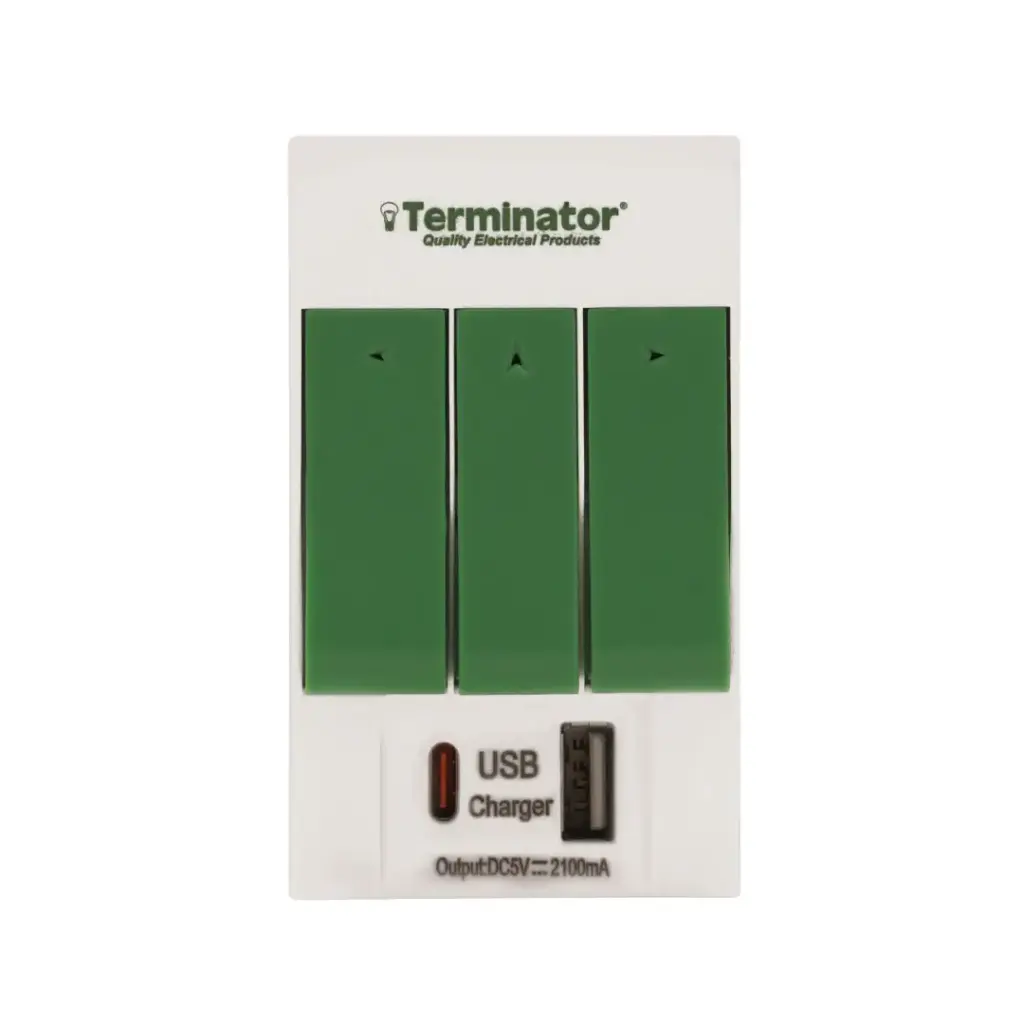 Terminator 3 Way Universal Socket Multi Adaptor with 2 USB 2.1A (A & C Type)  Individual Switches, Indicators & 13A Plug.