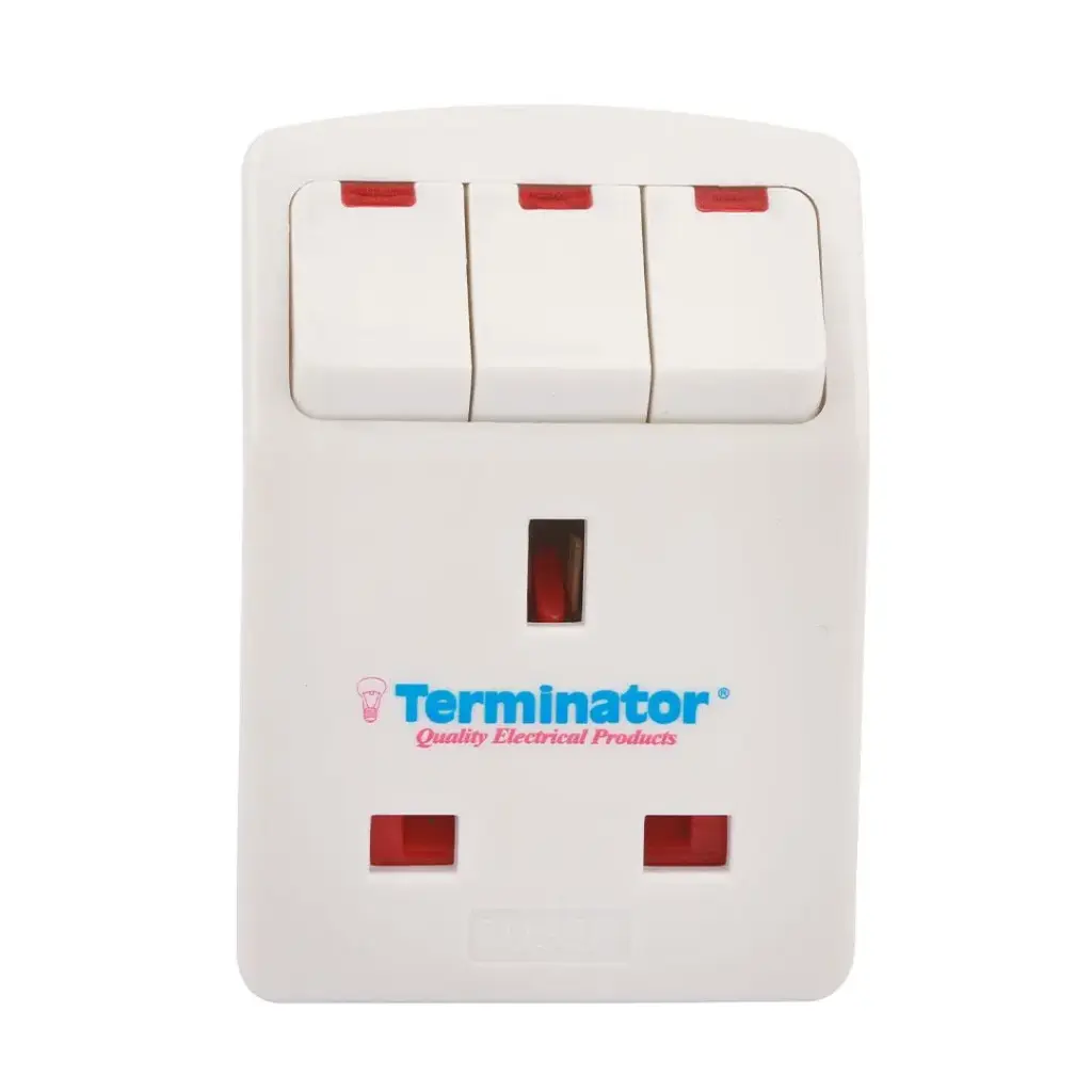 Terminator 3 Way UK Socket Multi Adaptor With Individual Switches & 2Pin Plug Insertion Feature PC Material, 13A Fuse