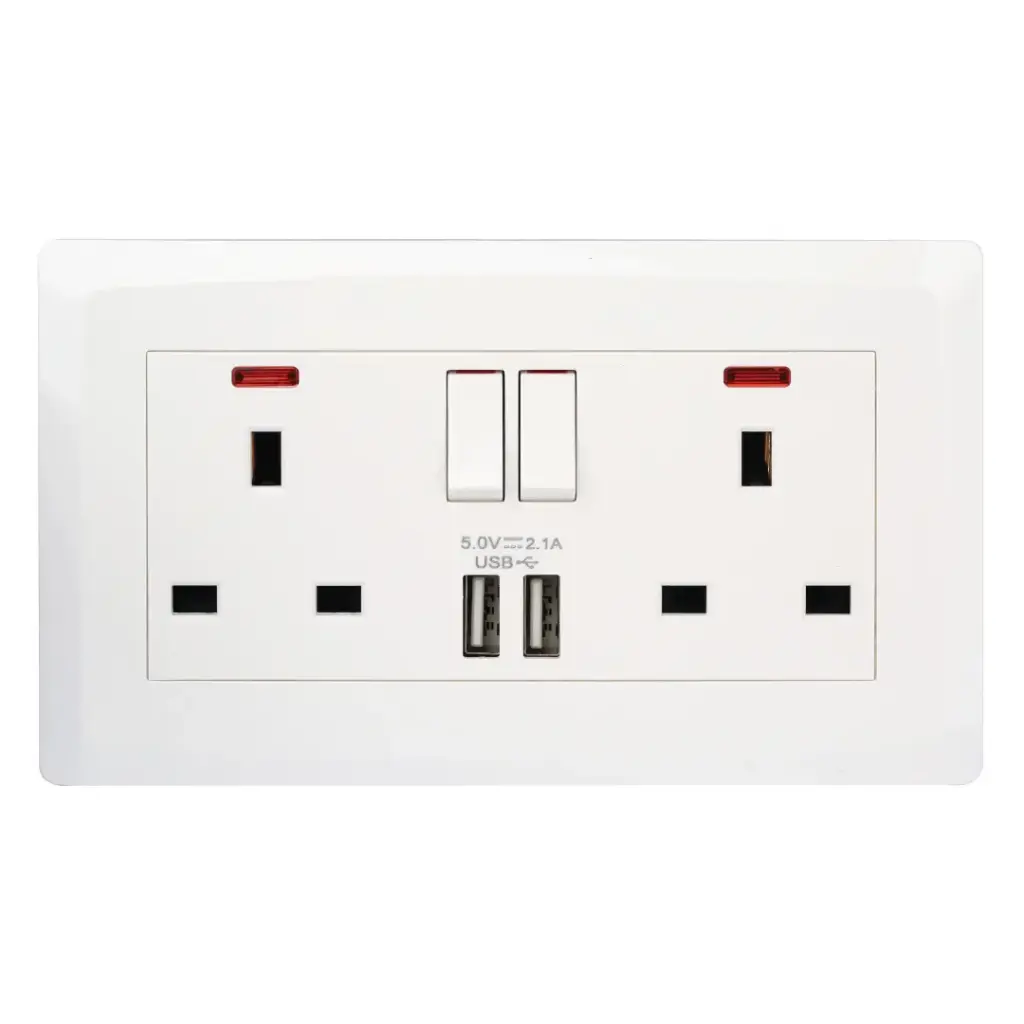 Terminator Wall Plate with 2 UK Sockets, Switches, Neon Indicator and 2 USB