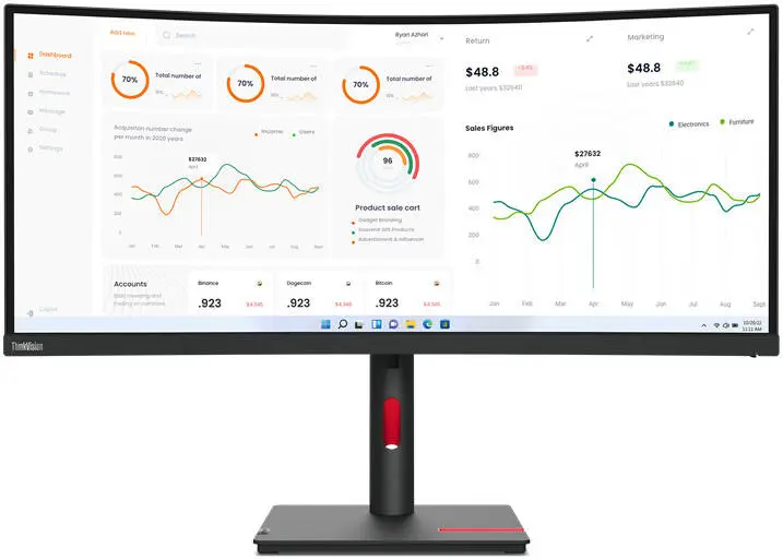 Lenovo 34" Inch ThinkVision T34w-30 Curved UWQHD USB-C Monitor with VA Panel, 60Hz, 4Ms, HDMI, DP, USB-C & Ethernet - Tilt/Swivel/Lift Stand | 