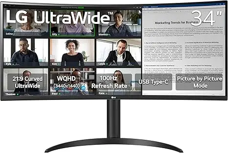 LG 34" UltraWide 34WR55QK-B Curved WQHD Monitor, 3440×1440 Resolution, 100Hz Refresh Rate, 5ms Response Time, HDR10, USB-C, HDMI & DisplayPort Connectivity, Reader Mode, Tilt/Height Adjustable Stand, Black