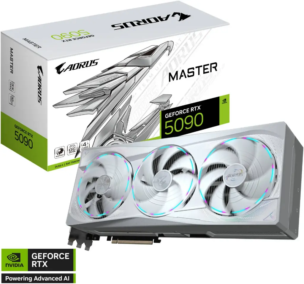 GIGABYTE AORUS GeForce RTX 5090 MASTER ICE 32G – 32 GB GDDR7, PCIe 5.0, Blackwell Architecture with DLSS 4, WINDFORCE Cooling, Dual BIOS, RGB Halo, LCD Edge View – Premium 3.5-Slot GPU