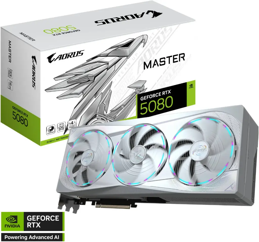 GIGABYTE AORUS GeForce RTX 5080 MASTER ICE 16G – 16GB GDDR7, 256-bit, 30Gb/s, NVIDIA Blackwell, DLSS 4, WINDFORCE Cooling, LCD Edge View, RGB Halo, Dual BIOS, PCIe 5.0, 850W PSU