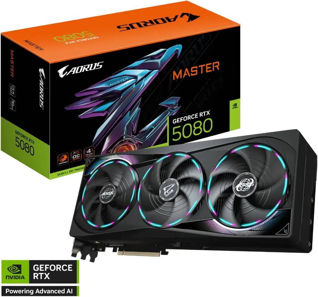 GIGABYTE AORUS GeForce RTX 5080 MASTER 16G – 16GB GDDR7, 256-bit 30Gbps, NVIDIA Blackwell, DLSS 4, WINDFORCE Cooling, LCD Edge View, RGB Halo, Dual BIOS, PCIe 5.0