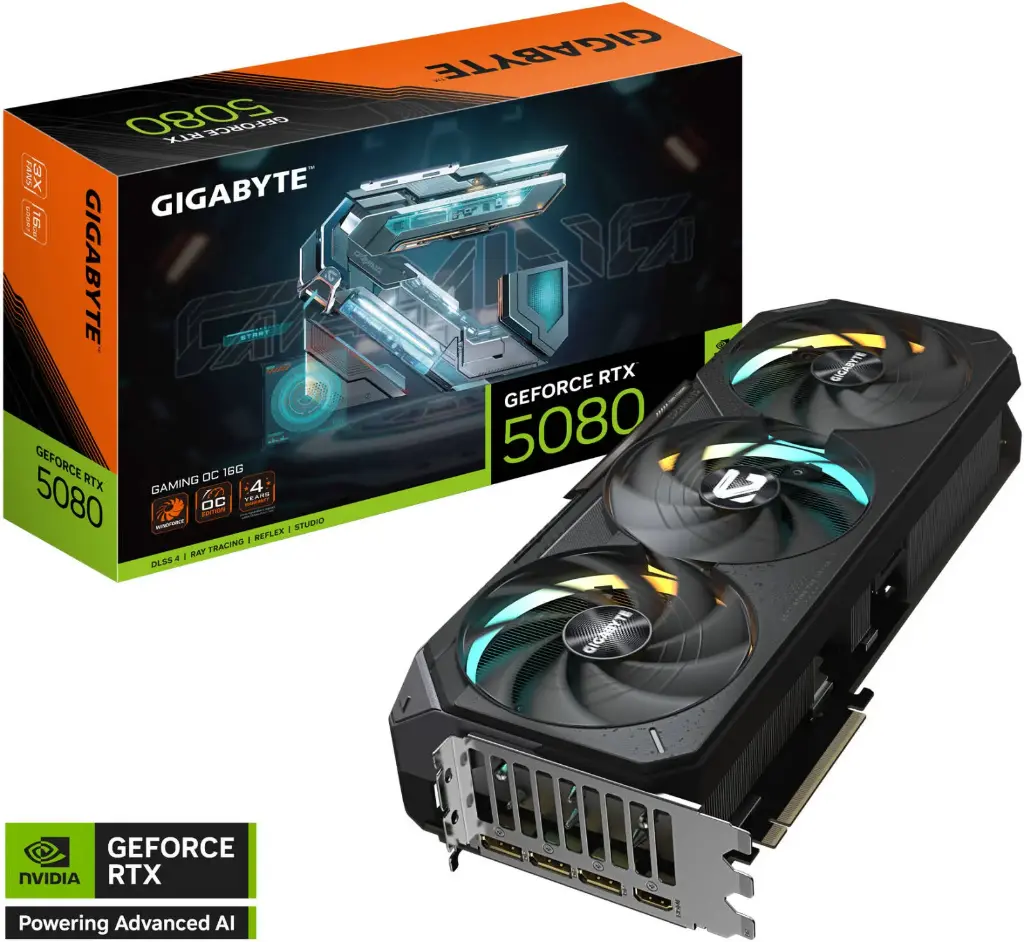 GIGABYTE GeForce RTX 5080 GAMING OC 16G – 16GB GDDR7, 256-bit 30Gbps, NVIDIA Blackwell, DLSS 4, WINDFORCE Cooling, RGB Halo, Dual BIOS, PCIe 5.0