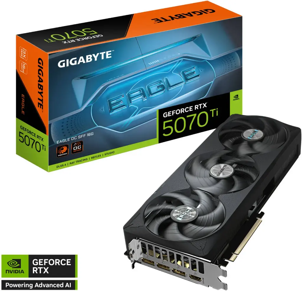 GIGABYTE GeForce RTX 5070 Ti EAGLE OC 16GB GDDR6X Graphics Card – WINDFORCE Cooling, Overclocked, 7680 CUDA Cores, 256-bit, DLSS 3.5, Ray Tracing, Dual BIOS, RGB Accent, HDMI 2.1, DisplayPort 1.4a