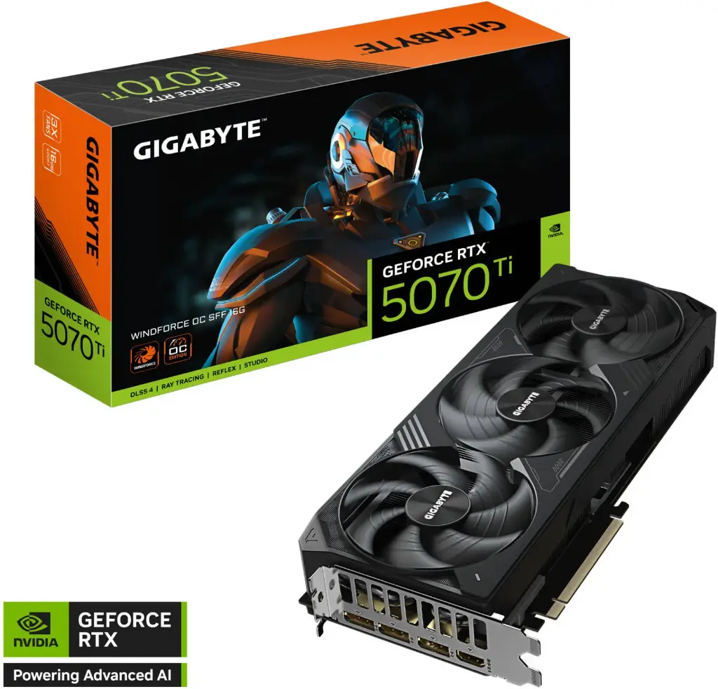 GIGABYTE GeForce RTX 5070 Ti WINDFORCE OC SFF 16GB GDDR7 – 256-bit, SFF-ready, 8960 CUDA Cores, 2497 MHz Boost, WINDFORCE Cooling, Dual BIOS, HDMI 2.1, 3× DisplayPort 2.1, Reinforced Build