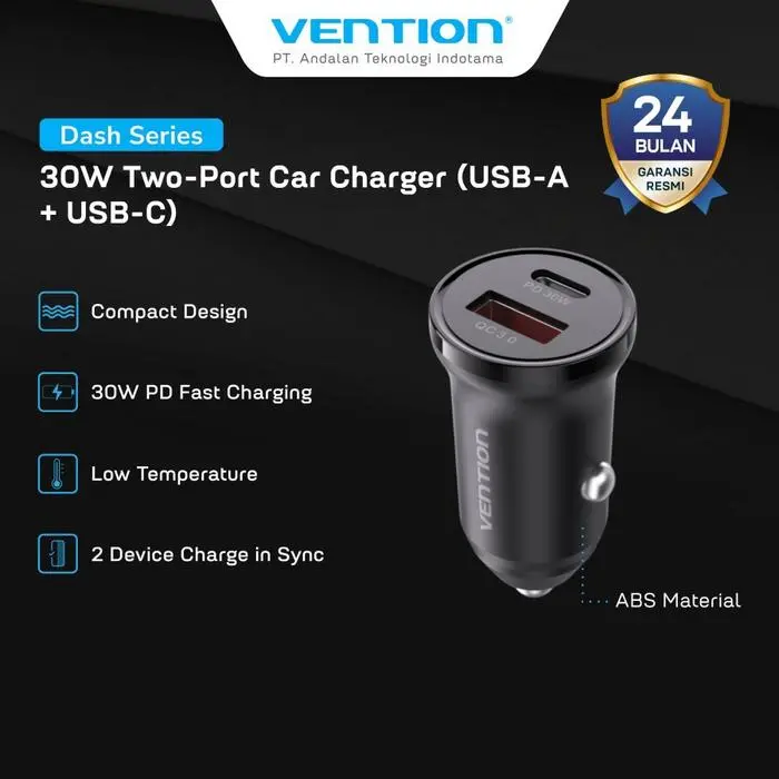 [K11B0] [K11B0] VENTION 30W Two-Port Car Charger (USB-A + USB-C) Black ABS Type