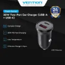 [K11B0] VENTION 30W Two-Port Car Charger (USB-A + USB-C) Black ABS Type